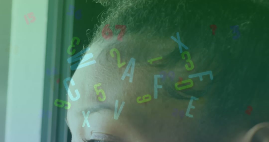 Woman Introspecting with Digital Code Reflection on Face by Window