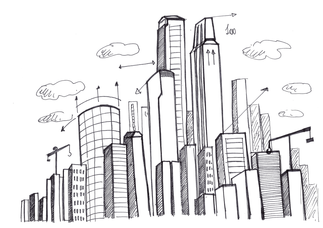 Transparent Digital Sketch of Urban Skyline with Modern Buildings