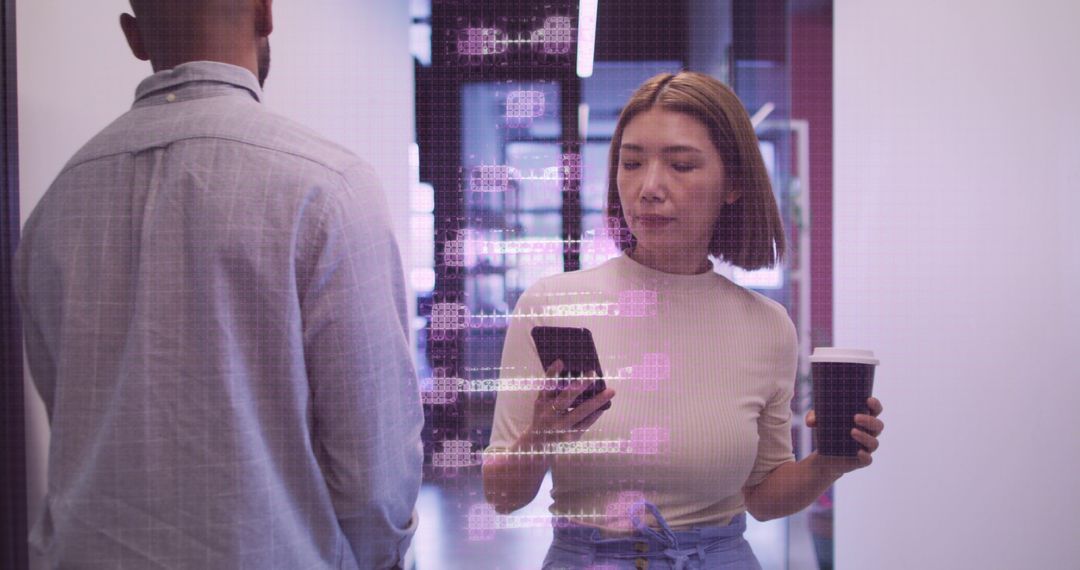 Businesswoman Analyzing DNA Data on Smartphone in Modern Office