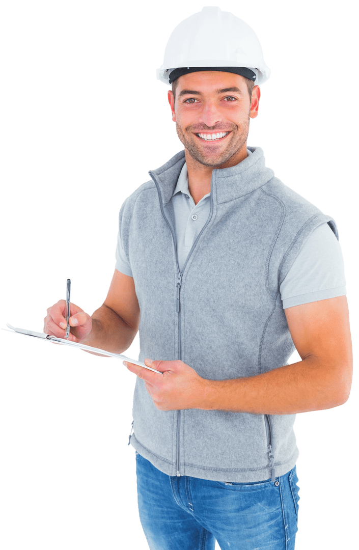 Smiling Supervisor in Transparent Hard Hat Writing on Clipboard