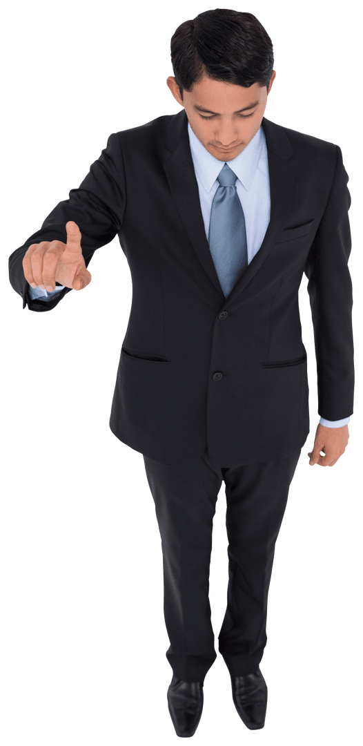Businessman in Suit Interacting with Transparent Virtual Screen