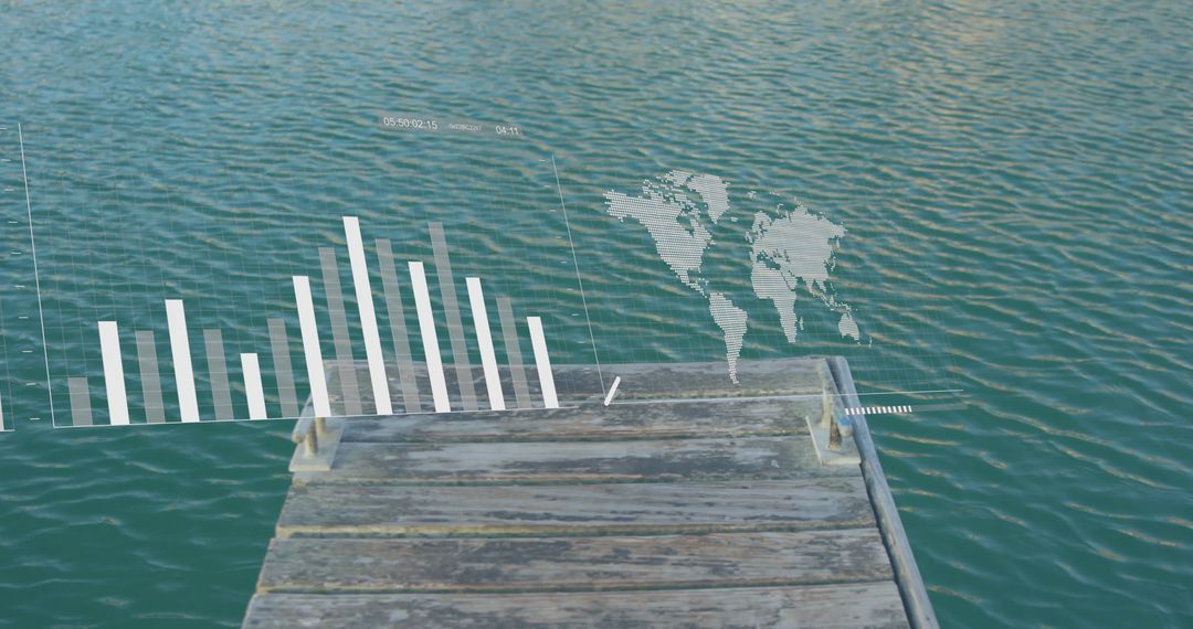 Digital Analytics Overlay Near Serene Waterfront