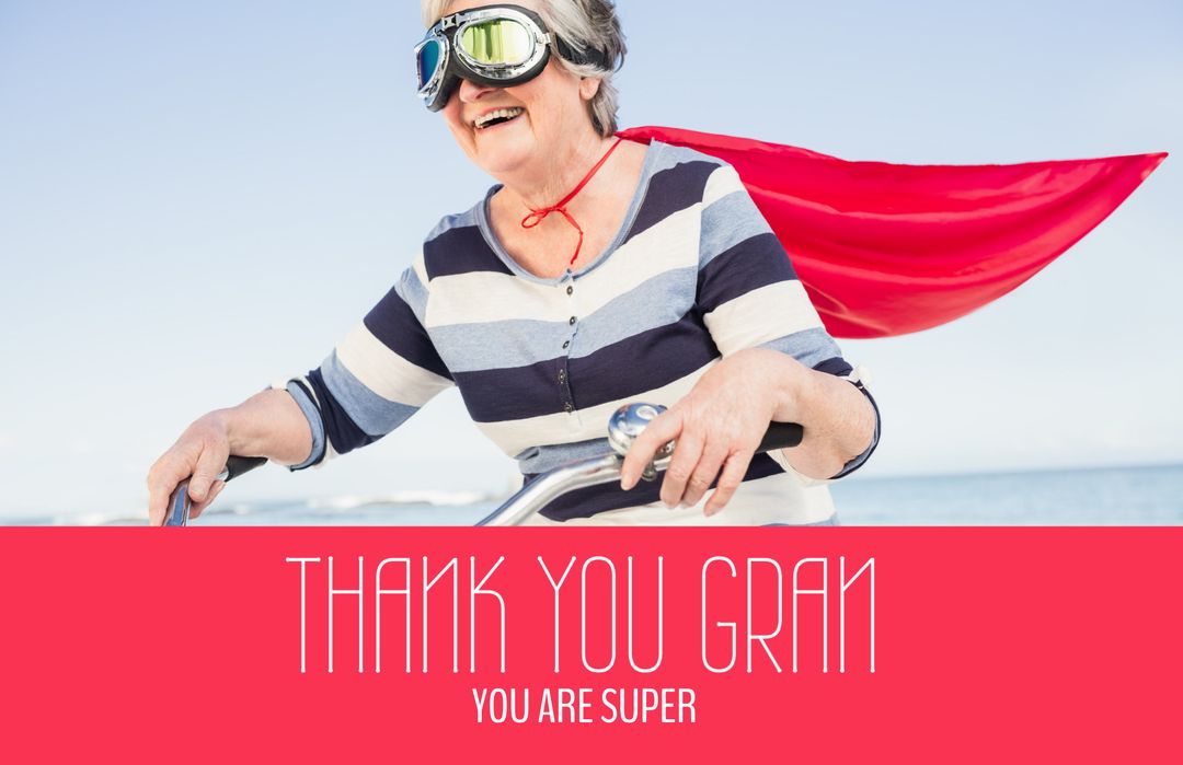 Elderly Woman with Cape Riding Scooter Fun Adventure