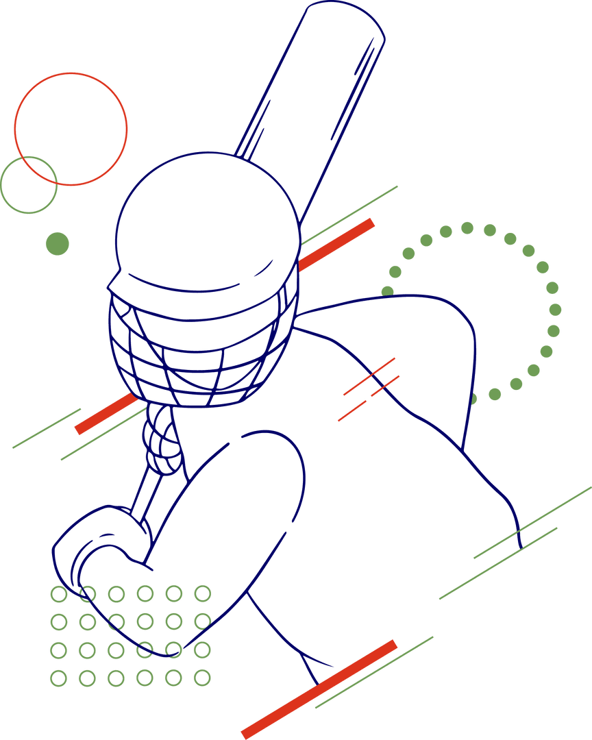 Transparent Line Art Batsman Raising Cricket Bat with Abstract Shapes