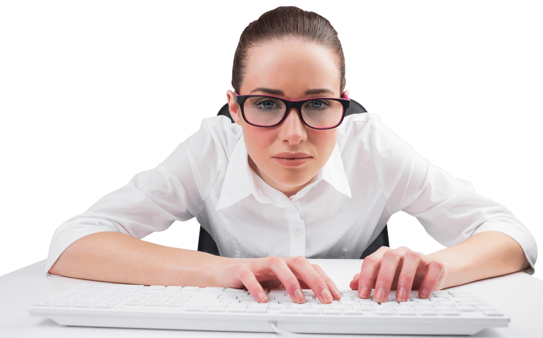 Transparent Businesswoman Typing on Keyboard with Intense Focus