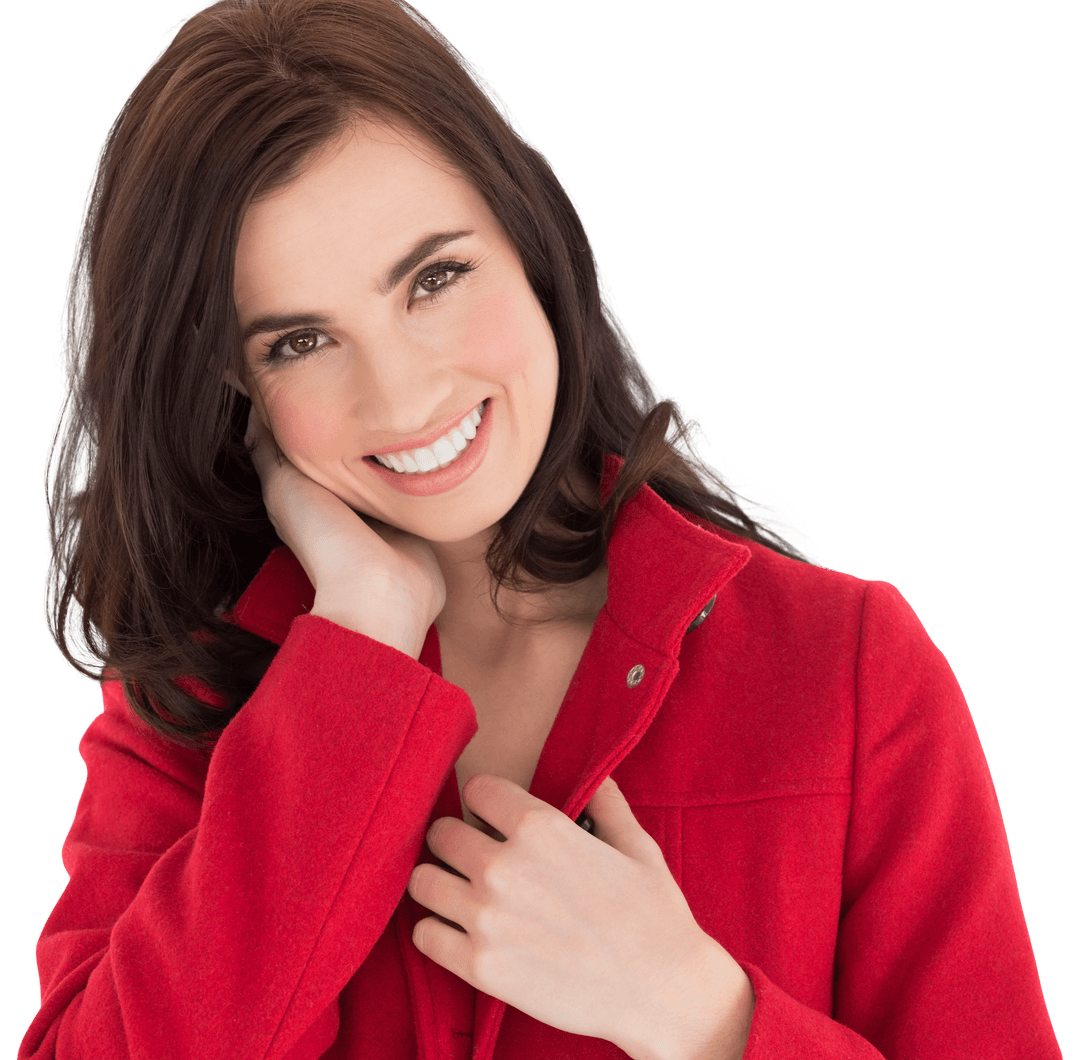 Smiling Woman in Red Coat Transparent Background