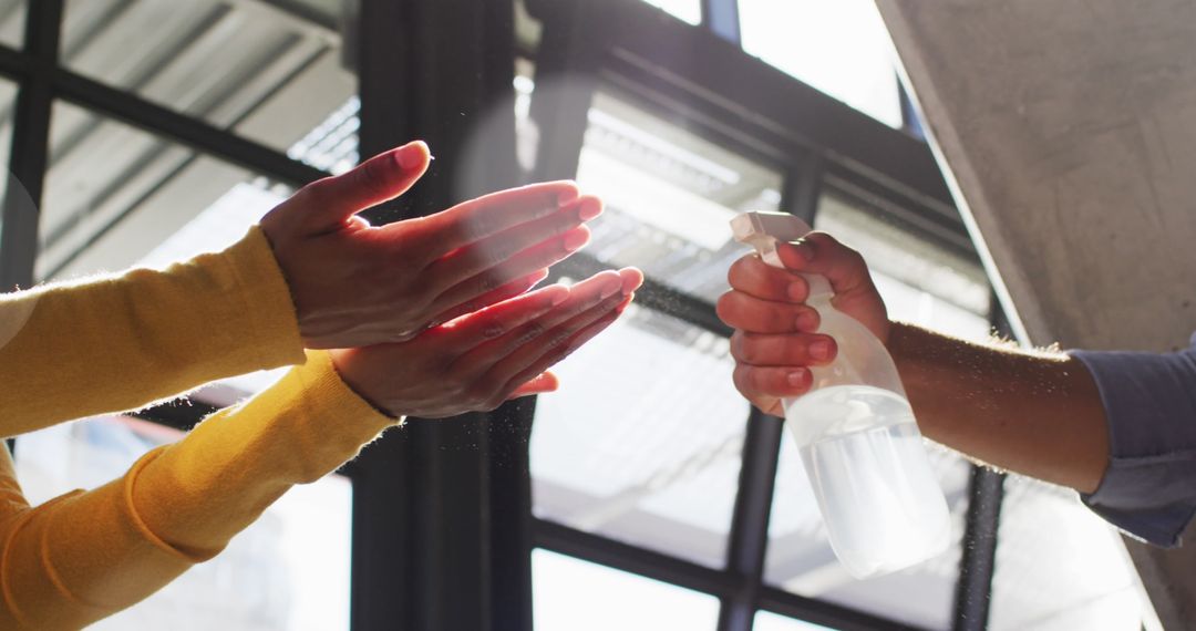 Diverse Hands Practicing Hygiene with Sanitizer Spray Indoors