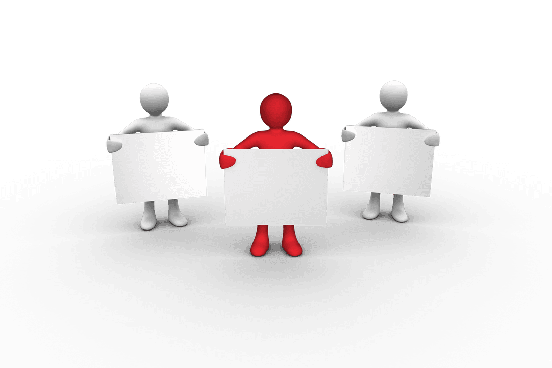 Transparent Red and White Figures Holding Blank Billboards