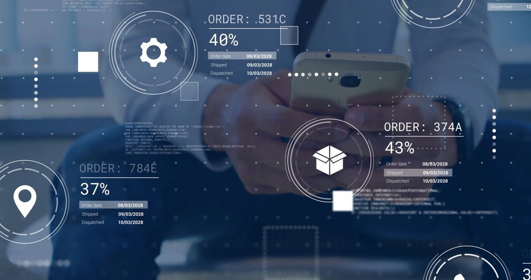 Businessman Analyzing Smartphone with Data Overlay and AI Concepts
