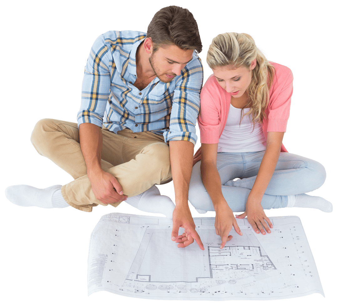 Young Couple Examining House Blueprints on Transparent Background