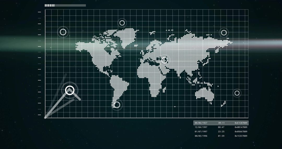 Global Tracking Interface HUD with Dotted Pixel World Map and Targeting Reticles