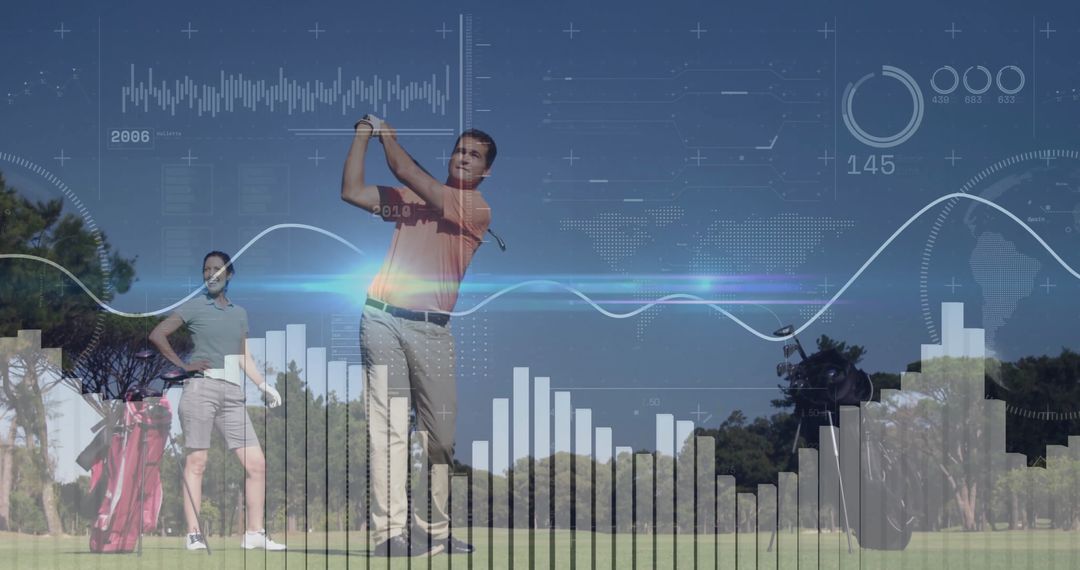 Digital Data Visualizations Blend with Golf Activity for Futuristic Analysis Theme