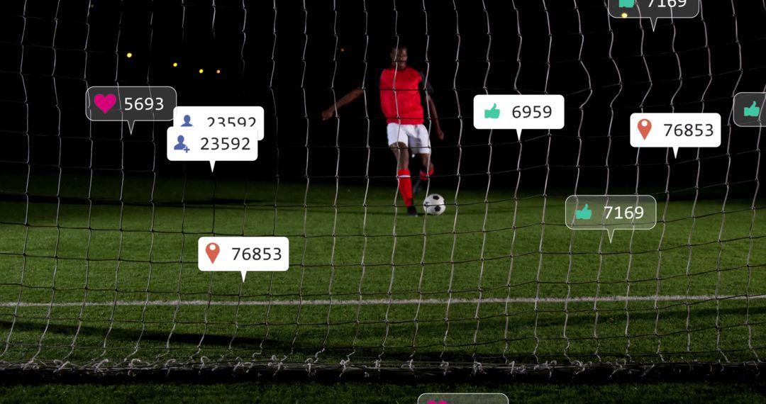 Soccer Player Balancing on Field with Digital Interaction Icons