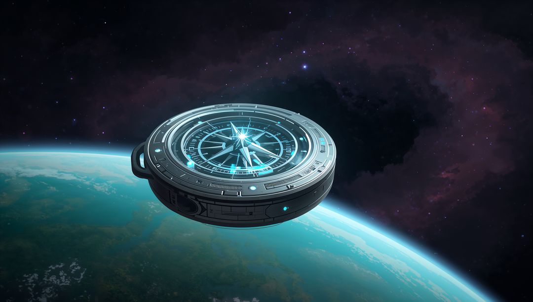 Futuristic Compass Floating Above Earth in Space