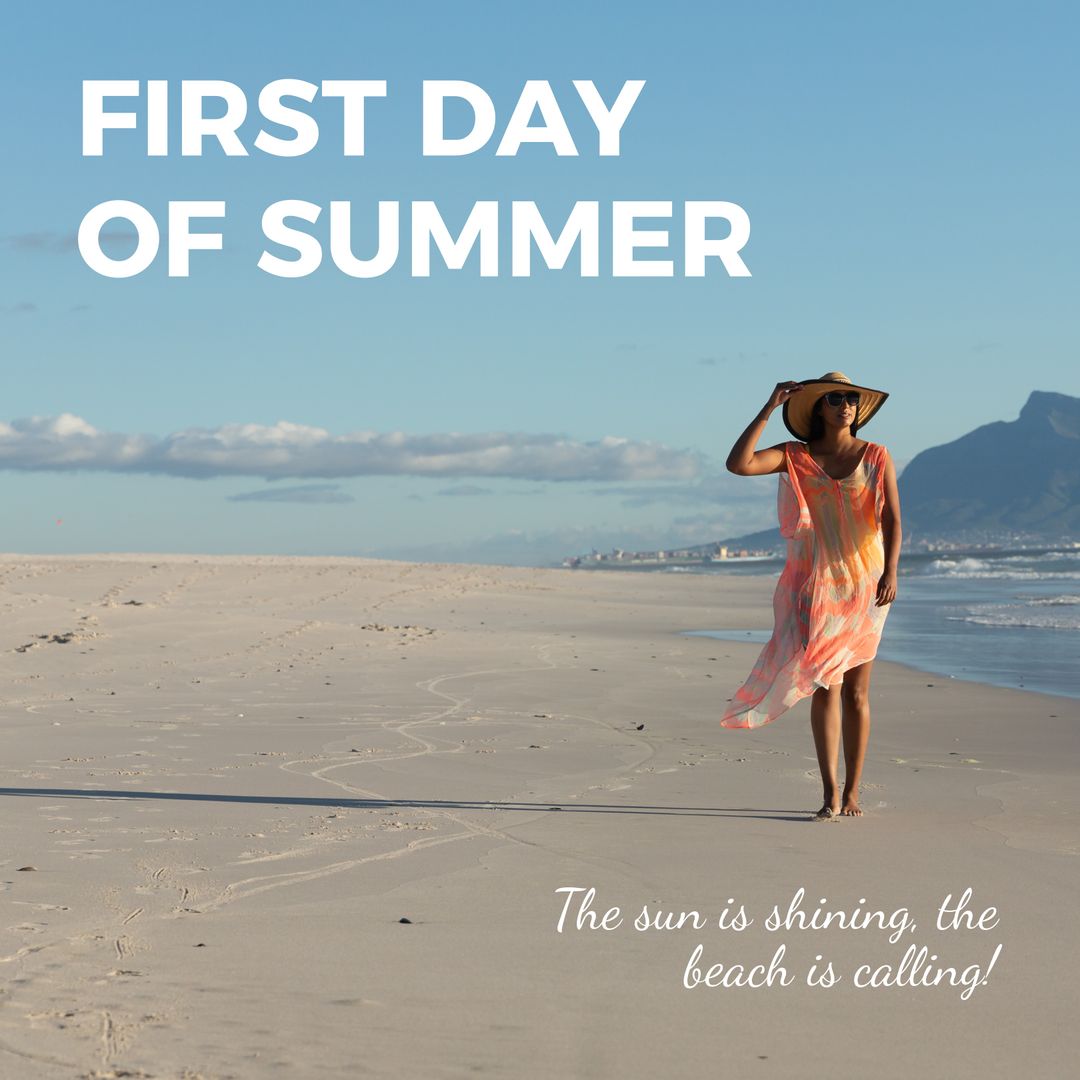 Woman Enjoying Alone Beach Walk on First Day of Summer
