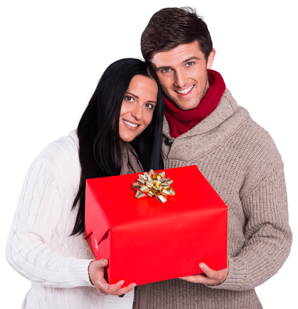 Smiling Couple Holding Large Red Gift Box on Transparent Background