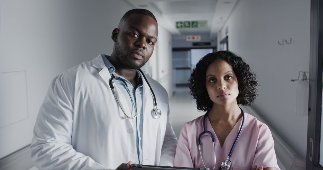 Two Healthcare Professionals in Hospital Corridor Holding Tablet - Free Images, Stock Photos and Pictures on Pikwizard.com