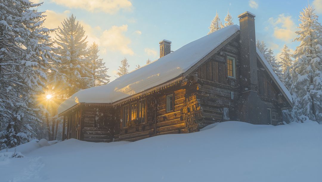 Rustic log cabin glowing at golden hour in snowy pine forest with icicles