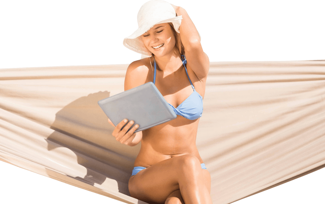 Transparent Woman in Hammock Relaxing with Tablet on Sunny Day
