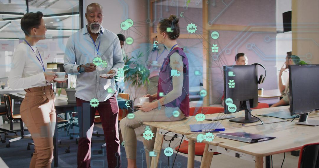 Colleagues Discussing Finance with Digital Overlay in Modern Office