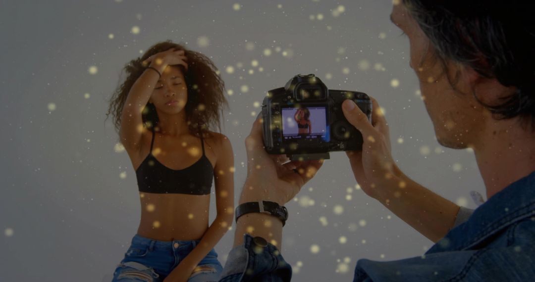 Model Posing with Artistic Golden Bokeh in Photography Studio