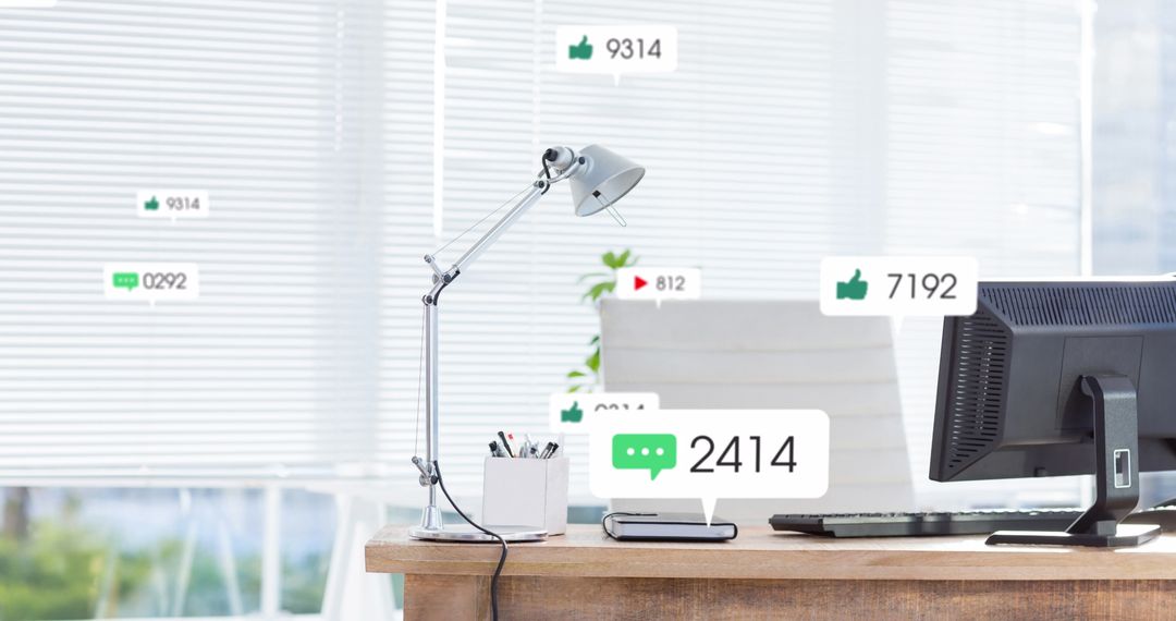 Office Desk with Social Media Interaction Icons Overlay