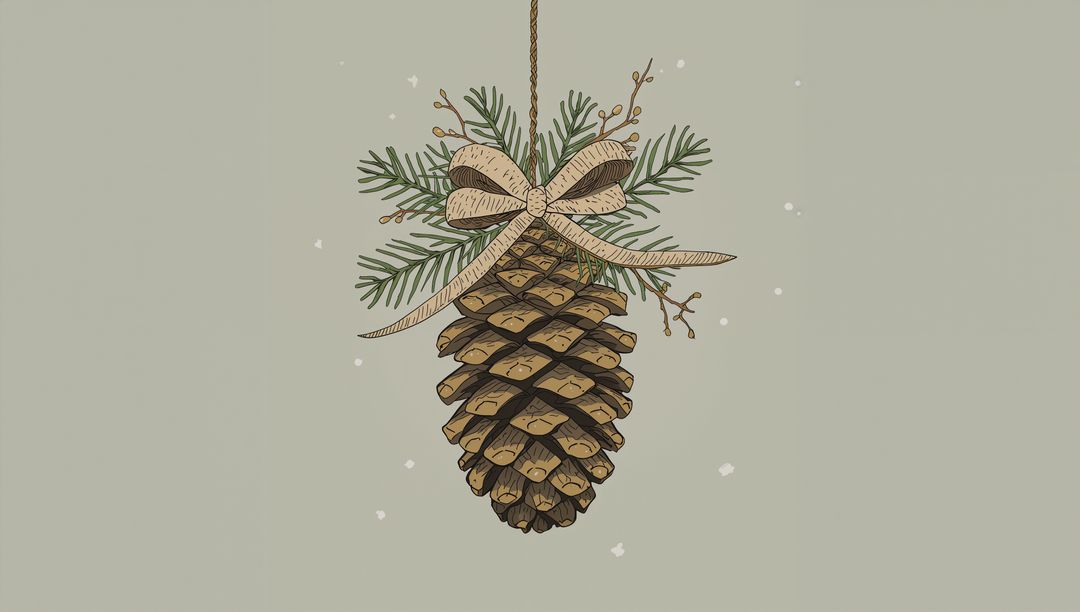 Hanging pinecone ornament with burlap bow and evergreen sprig on sage background