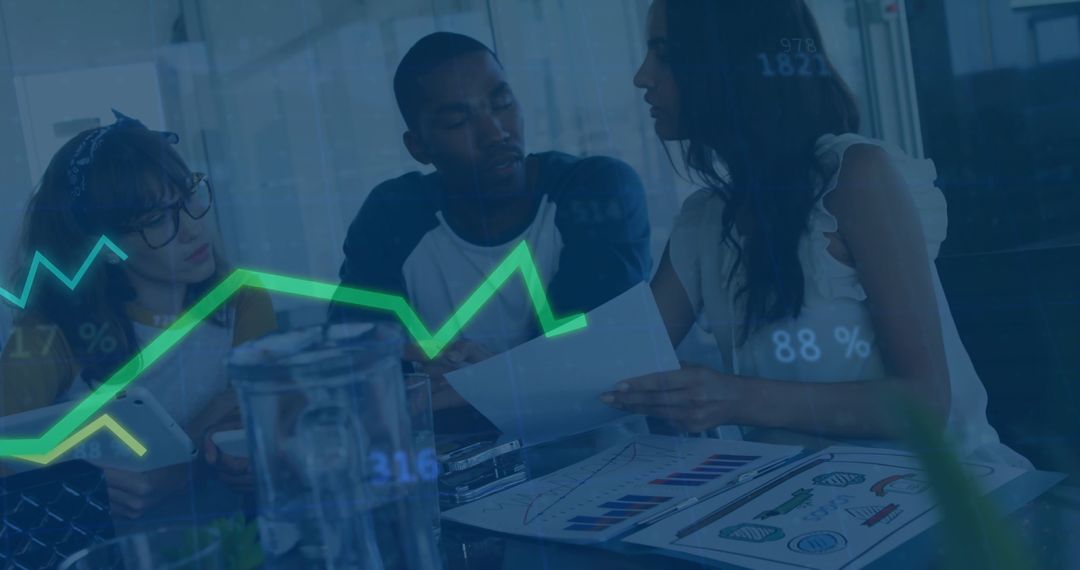 Diverse Team Analyzing Data with High-Tech Digital Overlays