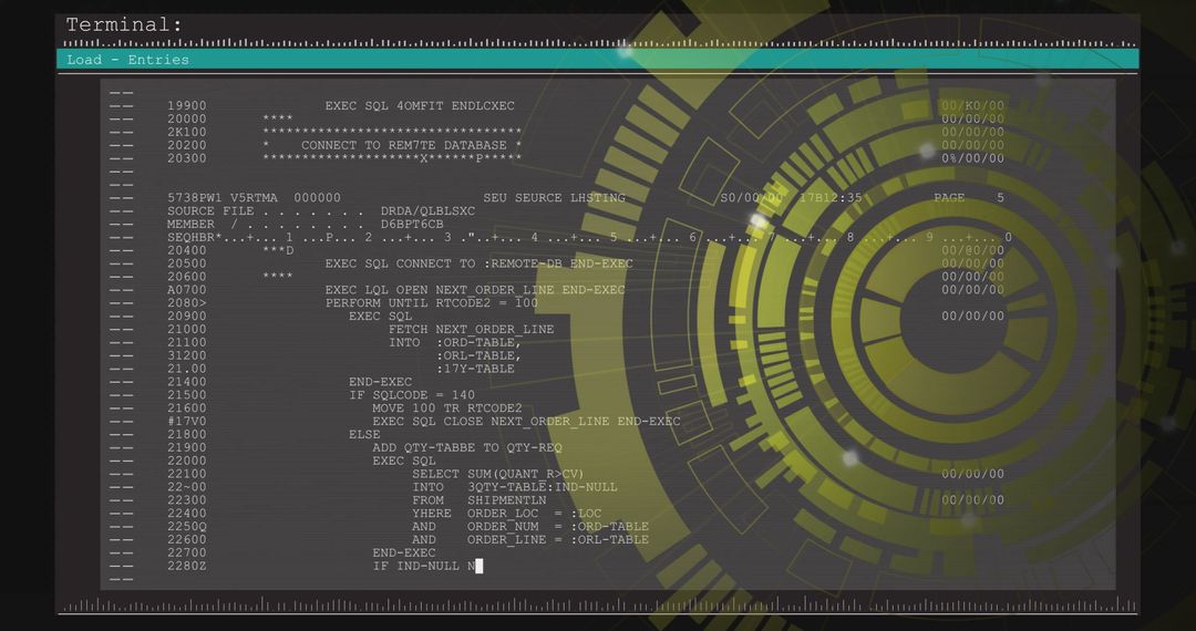 Futuristic Terminal Display with SQL Code and Tech Overlay