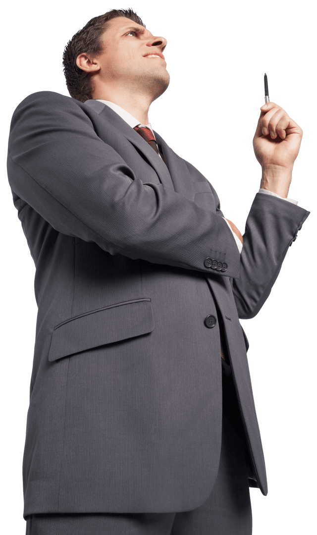 Thoughtful Caucasian Businessman in Grey Suit with Pen on Transparent Background