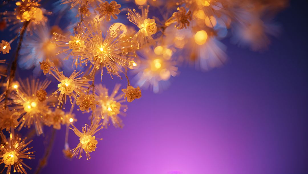 Glowing Golden Starburst LED Flowers Casting Warm Bokeh Light over Purple Gradient Glow