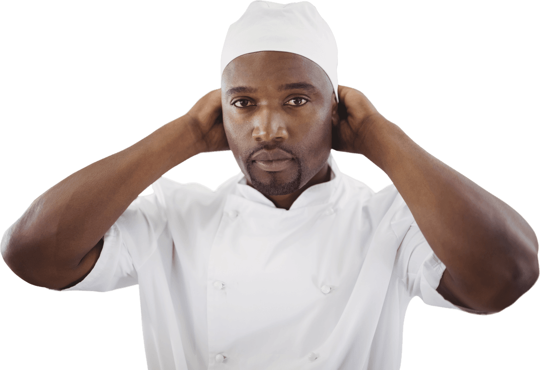 Transparent Portrait of Chef Adjusting Hat in Professional Attire