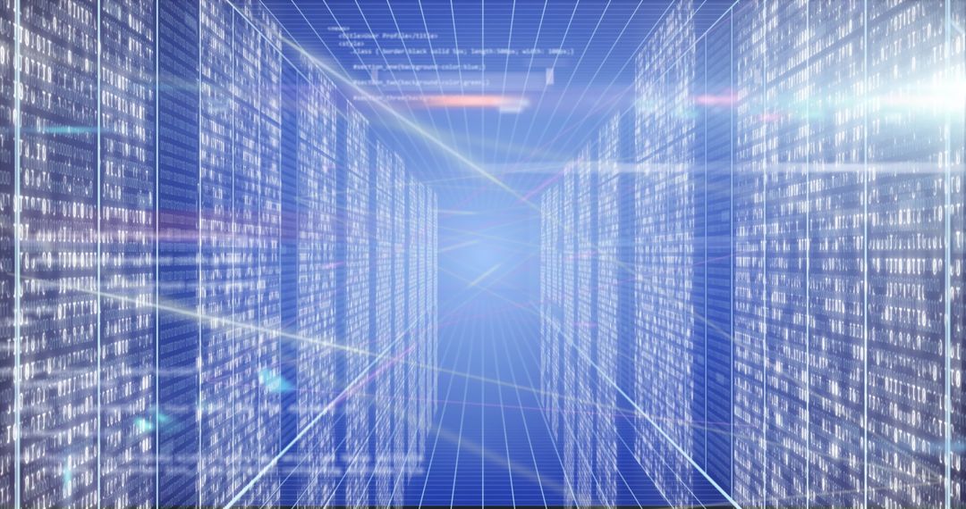 Abstract View Inside Data Server Room with Flowing Digital Streams