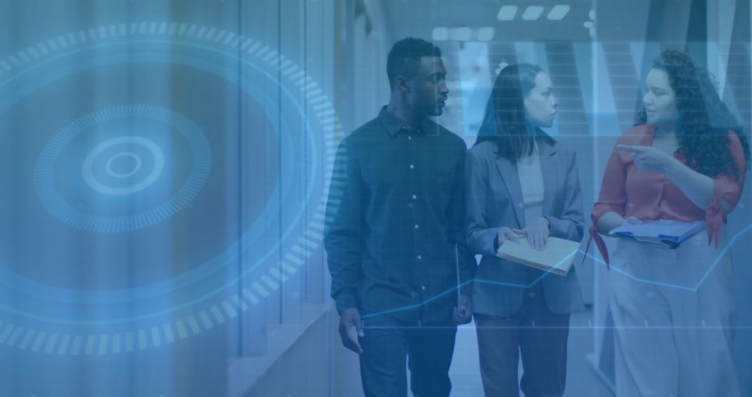 Midcareer Professionals Walking in Office Corridor Collaborating on Projects