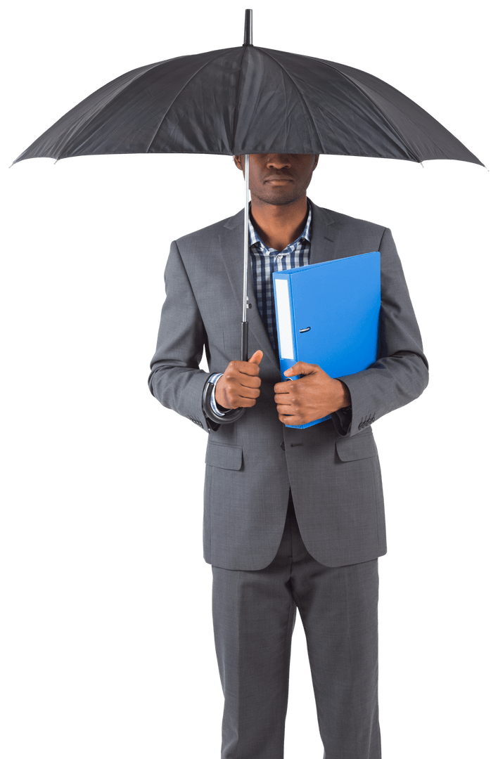 Businessman Holding Confidential File File under Transparent Umbrella