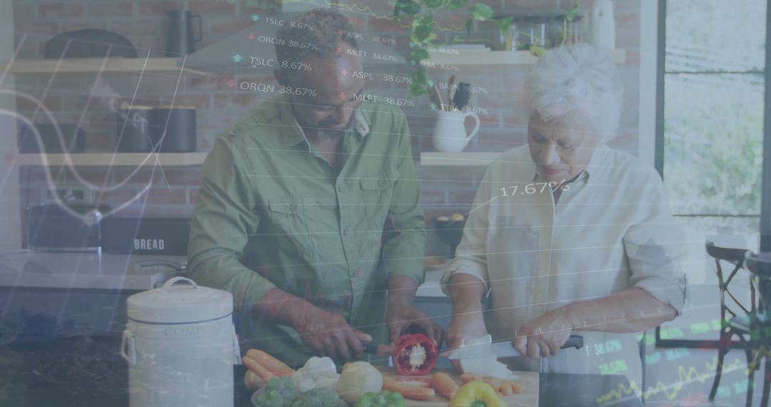 Senior Couple Cooking with Futuristic Data Visualization Overlay