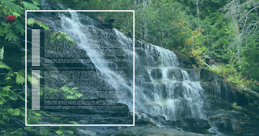 Digital Data Interface Overlay on Peaceful Forest Waterfall Scene