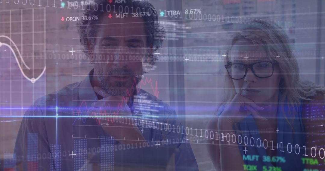 Business Professionals Analyzing Digital Financial Data Overlay