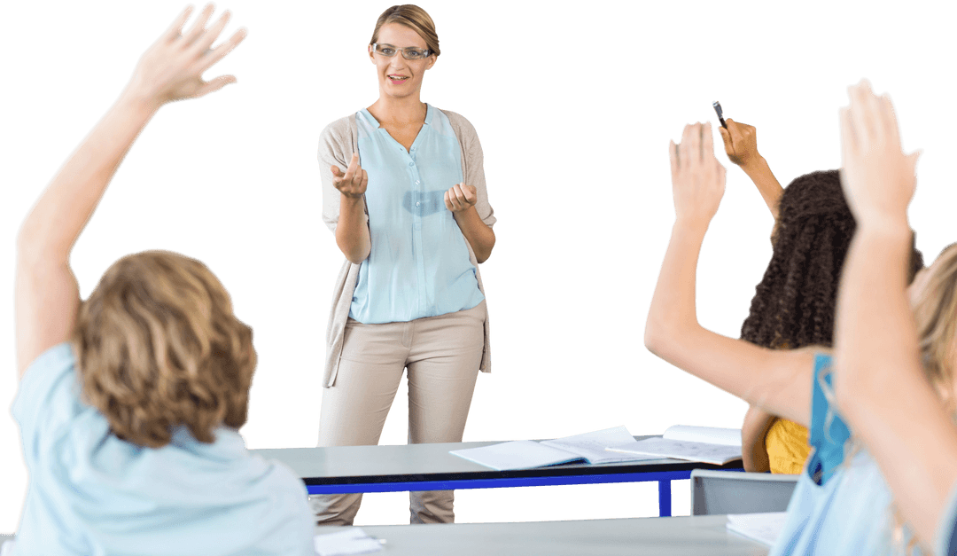 Transparent Female Teacher Engaging Students in Interactive Classroom