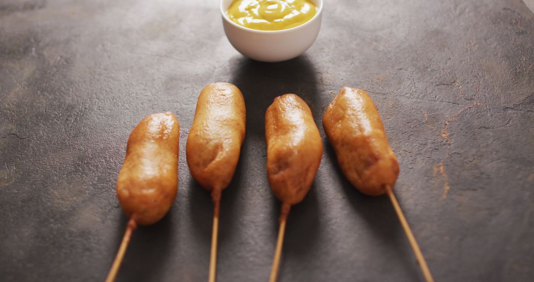 Delicious Corn Dogs with Mustard Sauce on Dark Surface