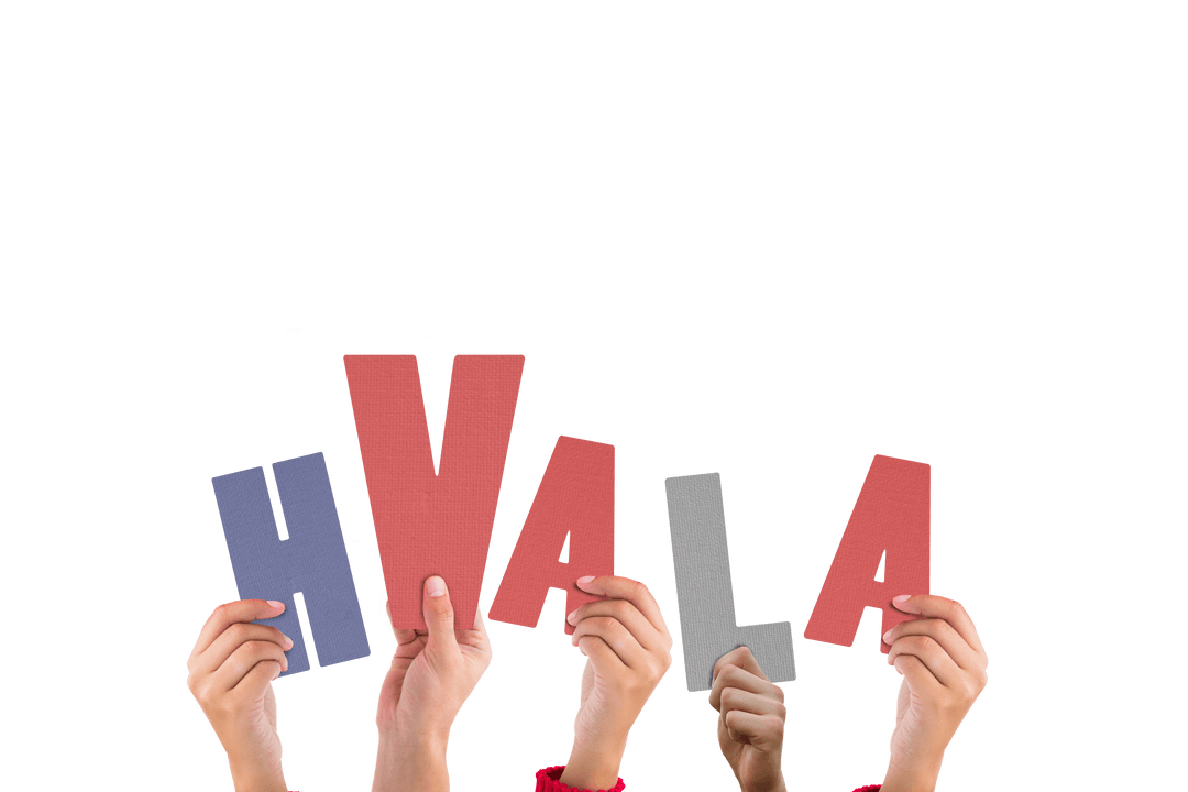 Hands Holding Colorful Transparent Hvala Letters of Thanks