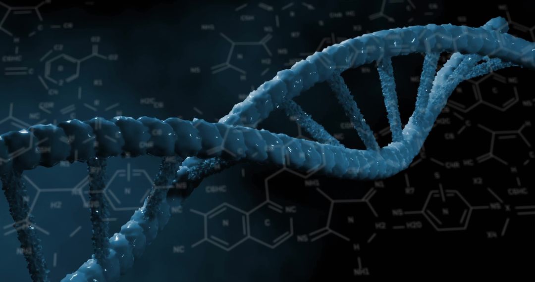 Digital DNA Strand with Chemical Formulas on Dark Background
