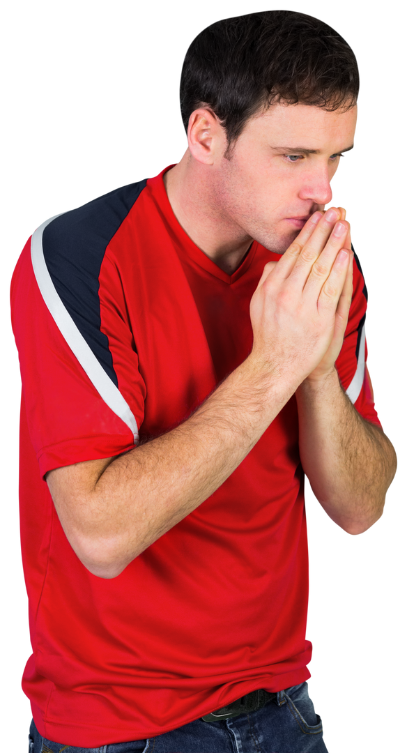 Nervous Young Football Fan in Red Jersey with Clasped Hands Transparent Background - Download Free Stock Images Pikwizard.com