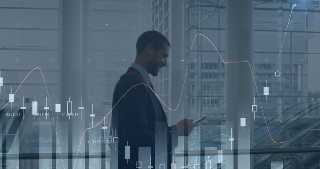 Businessman with Monitoring Financial Graphs Overlay in Modern Setting