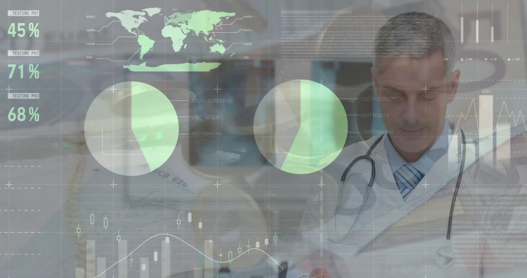 Caucasian Doctor Analyzing Data with Financial Interface Overlay