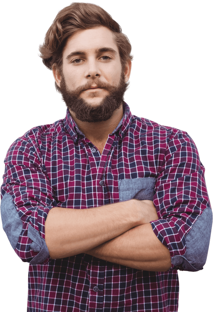 Transparent Confident Hipster with Arms Crossed in Checkered Shirt