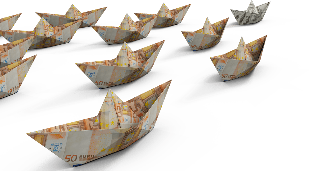 Fleet of Transparent Currency Origami Boats Charting Financial Path