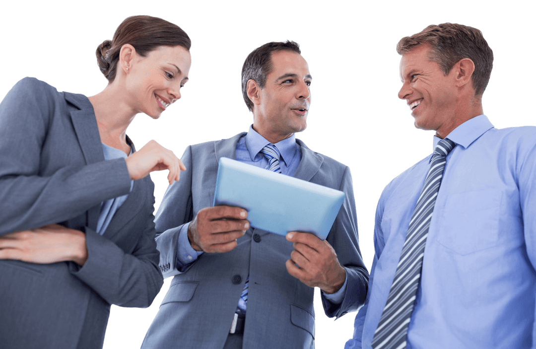 Transparent Business Team Discussing on Tablet Enthusiastically