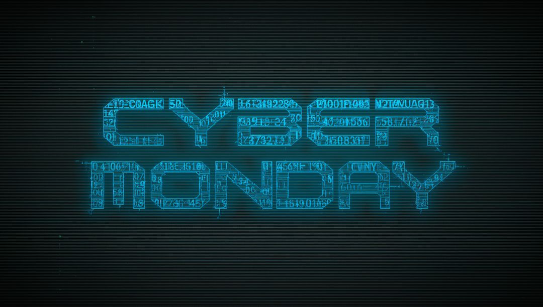 Glowing Cyber Monday Neon Type with Glitch HUD, Cyan Scan Lines, Futuristic Sale Banner