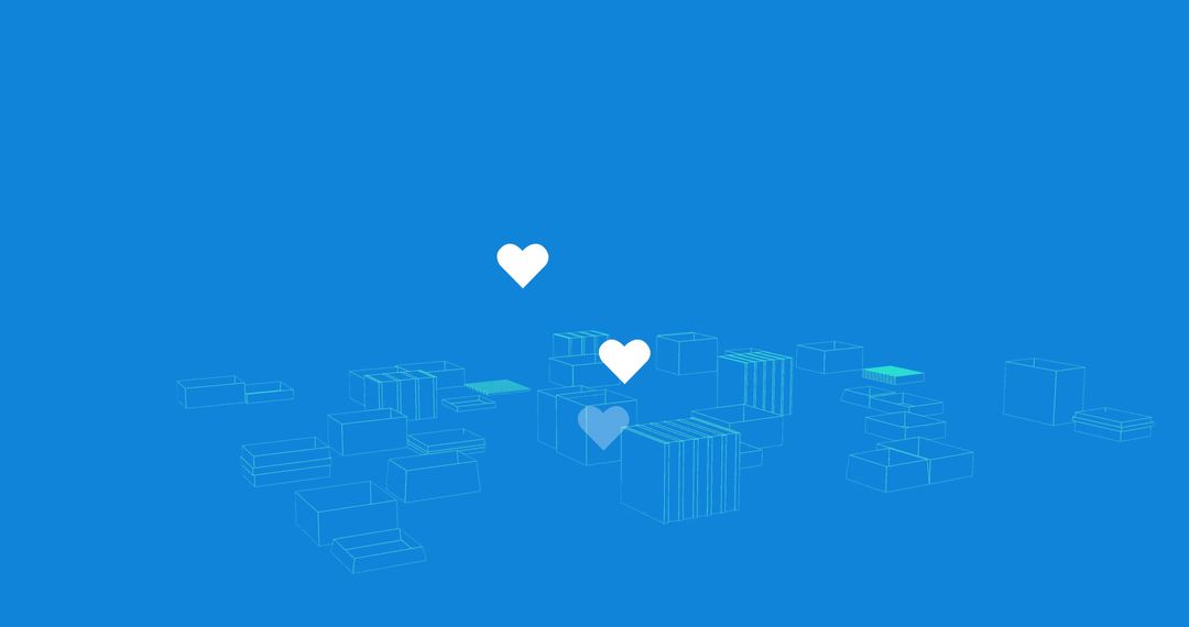 Digital Cityscape with Floating Hearts on Blue Background